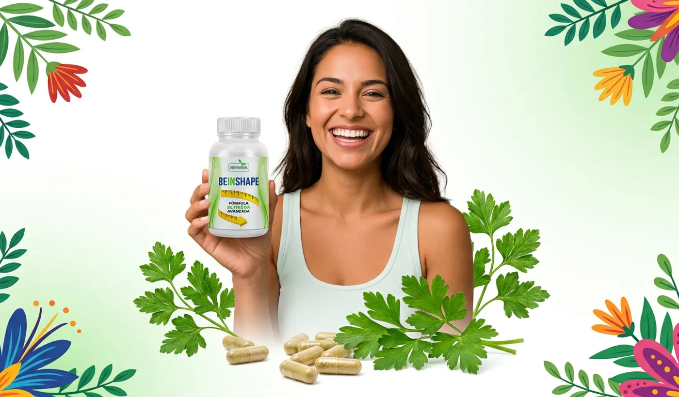 Mujer satisfecha sosteniendo BeInShape rodeada de ingredientes naturales