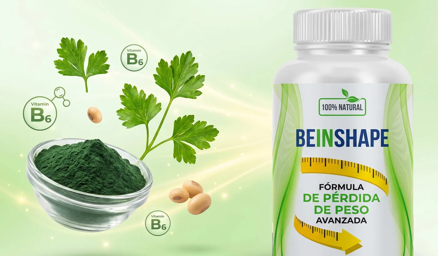 Espirulina, perejil, soja y vitamina B6 junto al frasco de BeInShape